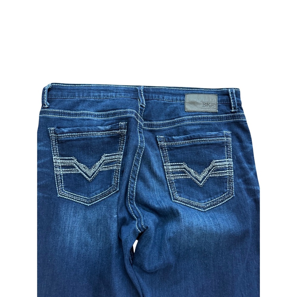 BKE Tyler Straight Mens Dark Wash Denim Jeans 36L Heavy Stitch Whiskered Blue - Picture 4 of 4